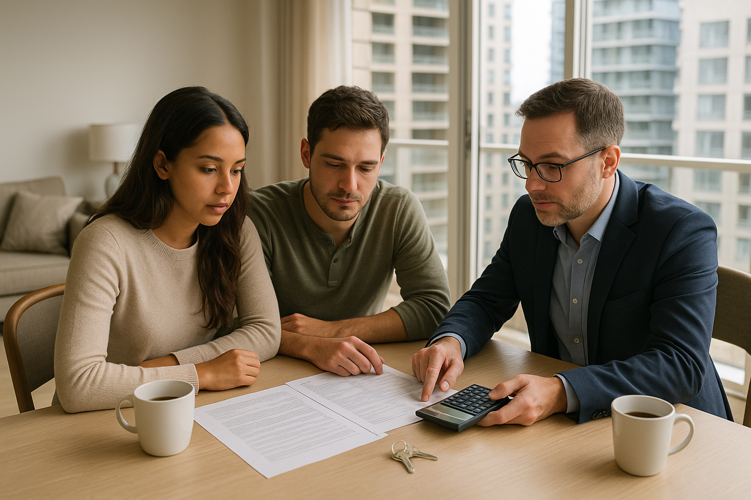 A first-time buyer reviews a home purchase budget and closing costs with a mortgage professional.