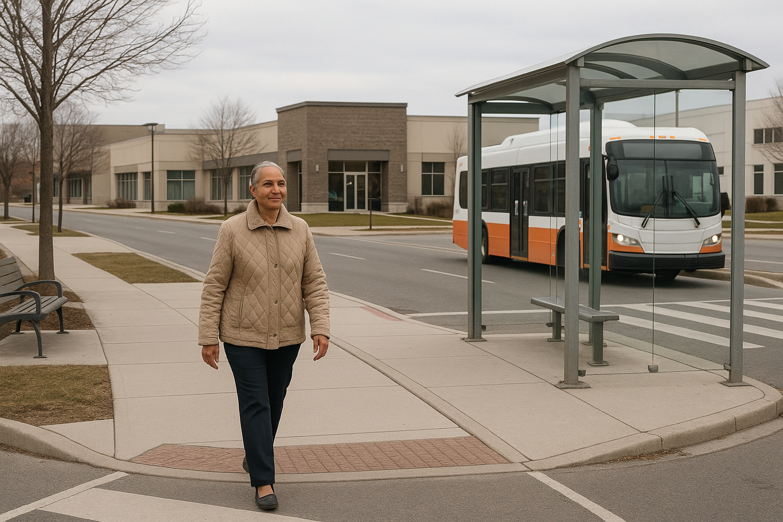 Mississauga resident walking on an accessible sidewalk near transit and everyday local services