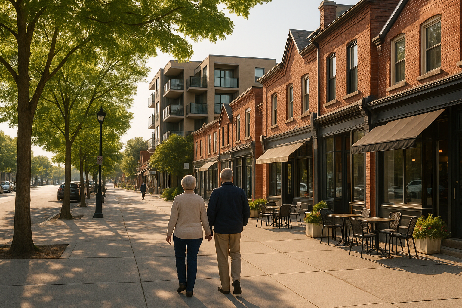 Older couple walking along a leafy Port Credit street near shops and low-rise homes